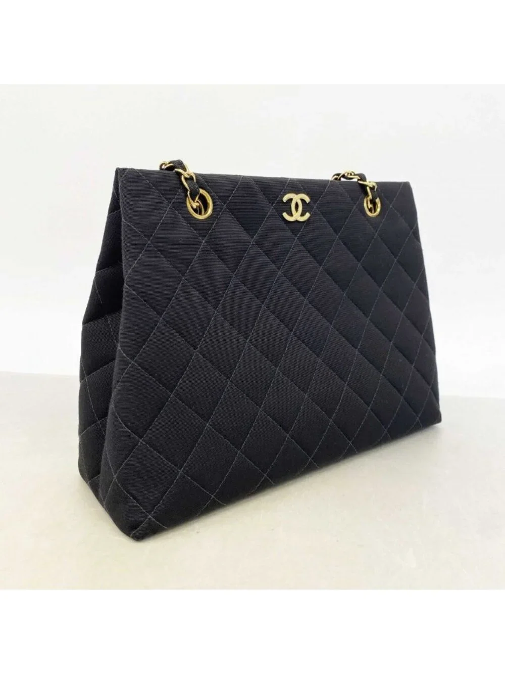 Chanel Shoulder Bag Quilted Cotton Black Gold